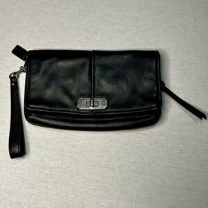 Coach Wristlet, Black Leather, Silver Hardware, Hangtag, Elegant.